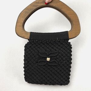 Vintage 70s Black Macrame Handbag Boho Wood Handle Knit Purse Square 1970s